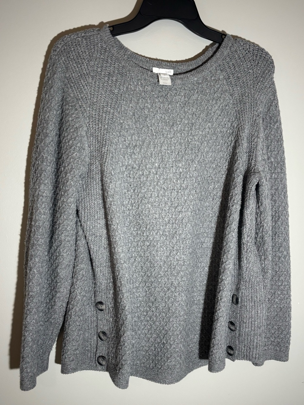 J.Jill Women’s Medium Gray Textured Knit Cotton Blend Sweater Button Detail